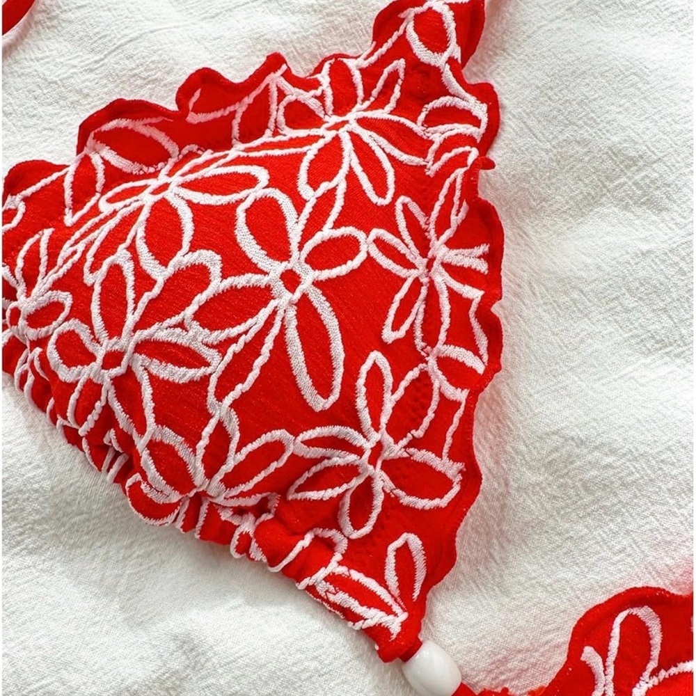 Red Floral Embroidered Bikini Set | Triangle Top Tie Side Bottom  Swimsuit - Picture 6 of 7
